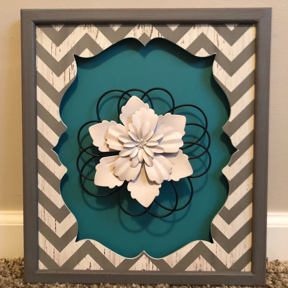 Grey and Teal Decorative Framed Flower Wall Art